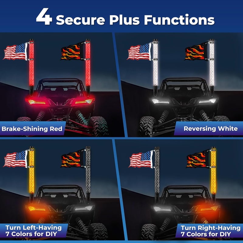 DITRIO 2 Pack 1FT Fat Whip Lights with App & Remote Control, Spiral RGB Chasing Lighted with Kill Switch, Side by Side Whip Lights with 4 Flags for UTV ATV SXS Truck, Multi Color, Waterproof, Music Mode - Image 4